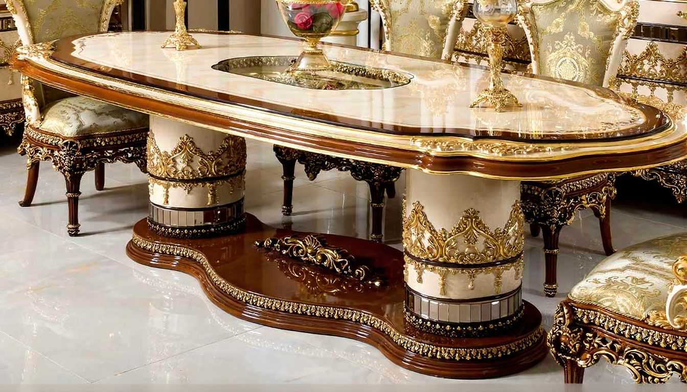   Luxury Dining Table Set  Handcrafted, Gilded Gold Leaf Detailing, Rococo-Inspired, Upholstered Chairs Premium European Design