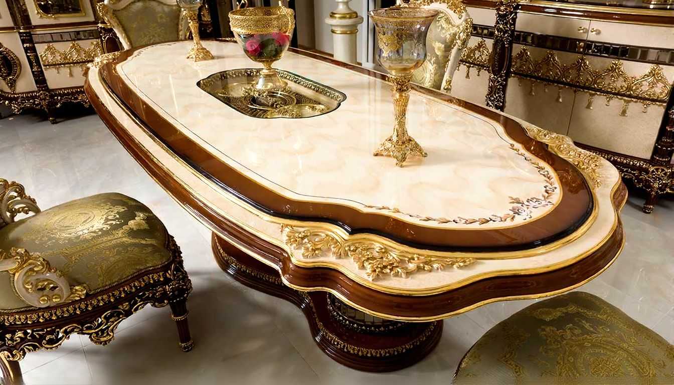   Luxury Dining Table Set  Handcrafted, Gilded Gold Leaf Detailing, Rococo-Inspired, Upholstered Chairs Premium European Design