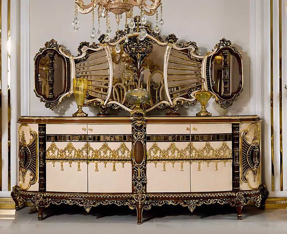   Luxury Dining Table Set  Handcrafted, Gilded Gold Leaf Detailing, Rococo-Inspired, Upholstered Chairs Premium European Design