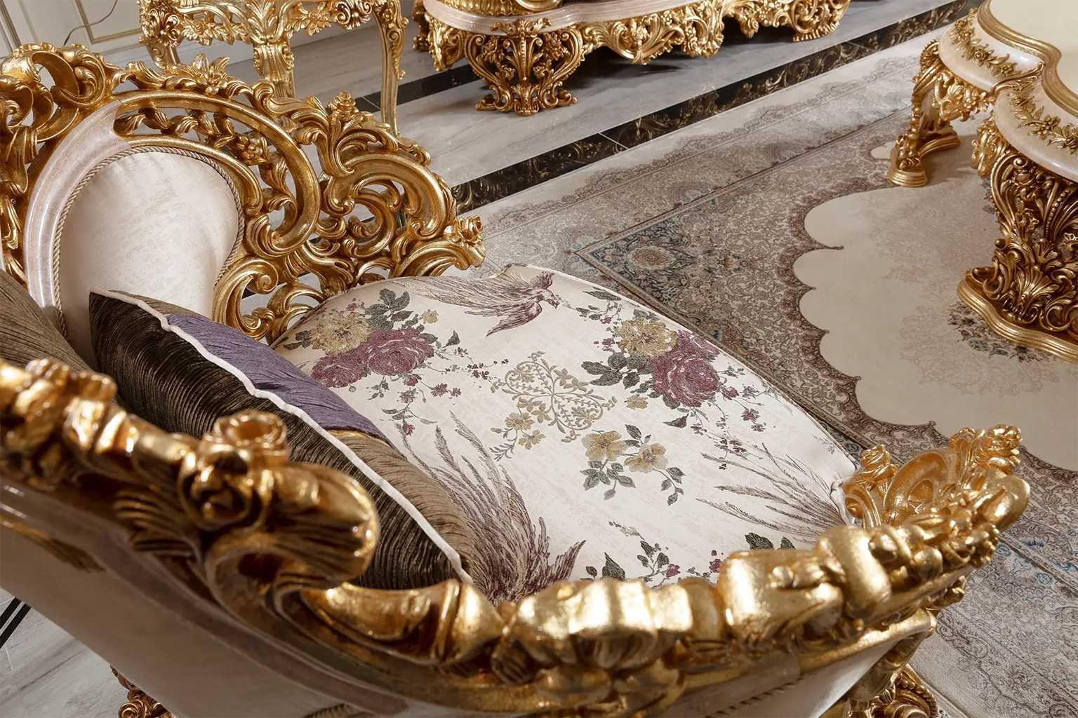 Luxury Heavy Carved Gold And Cream Sofa Set – Regal Design with Intricate Handcrafted Details