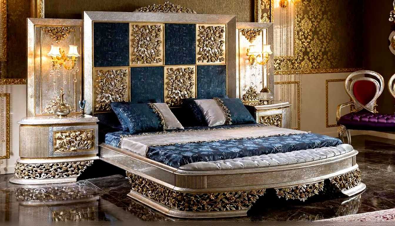 Luxury Italian Baroque Bedroom Set | Intricate Hand Carvings Bed with Rich Gold Detailing