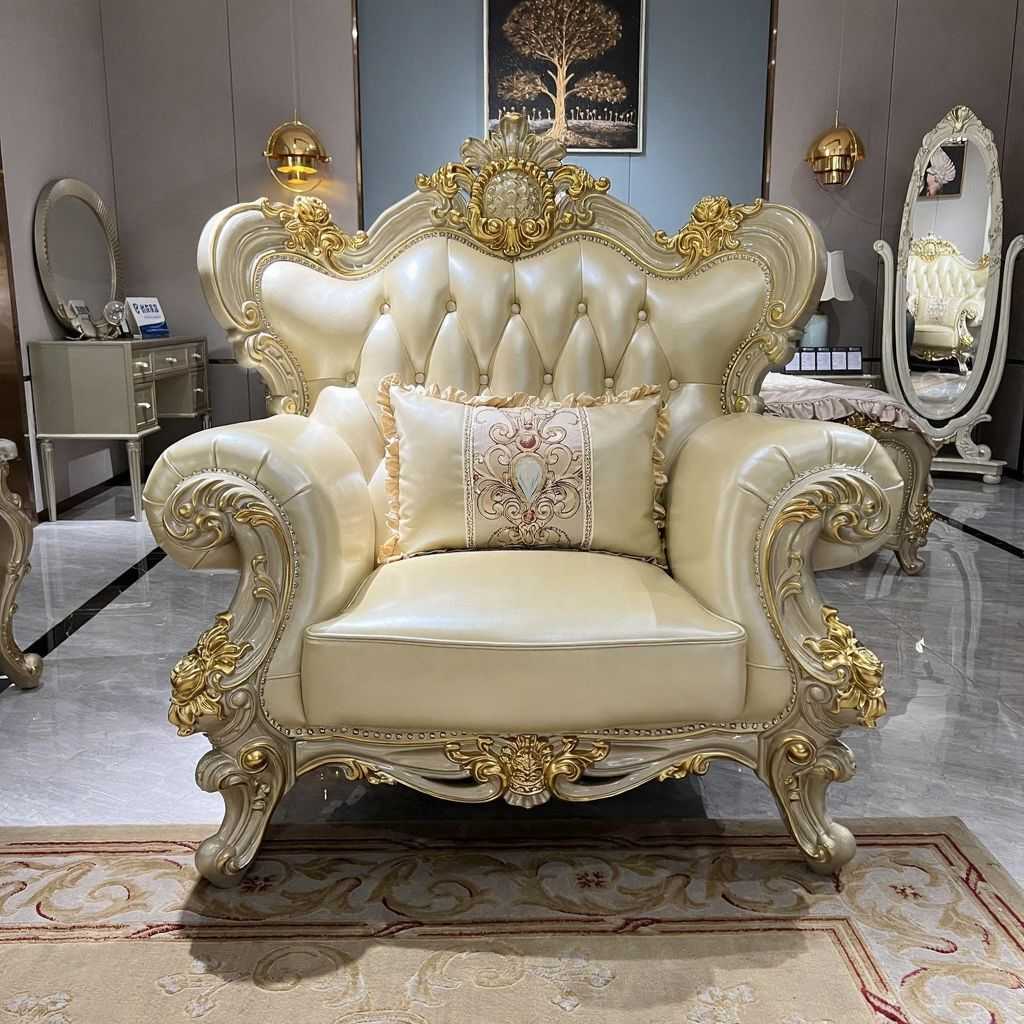 Luxury Italian Royal Sofa Set with Hand-Carved Gold Accents – Premium Leather Upholstery and Elegant Baroque Design for High-End Living Rooms