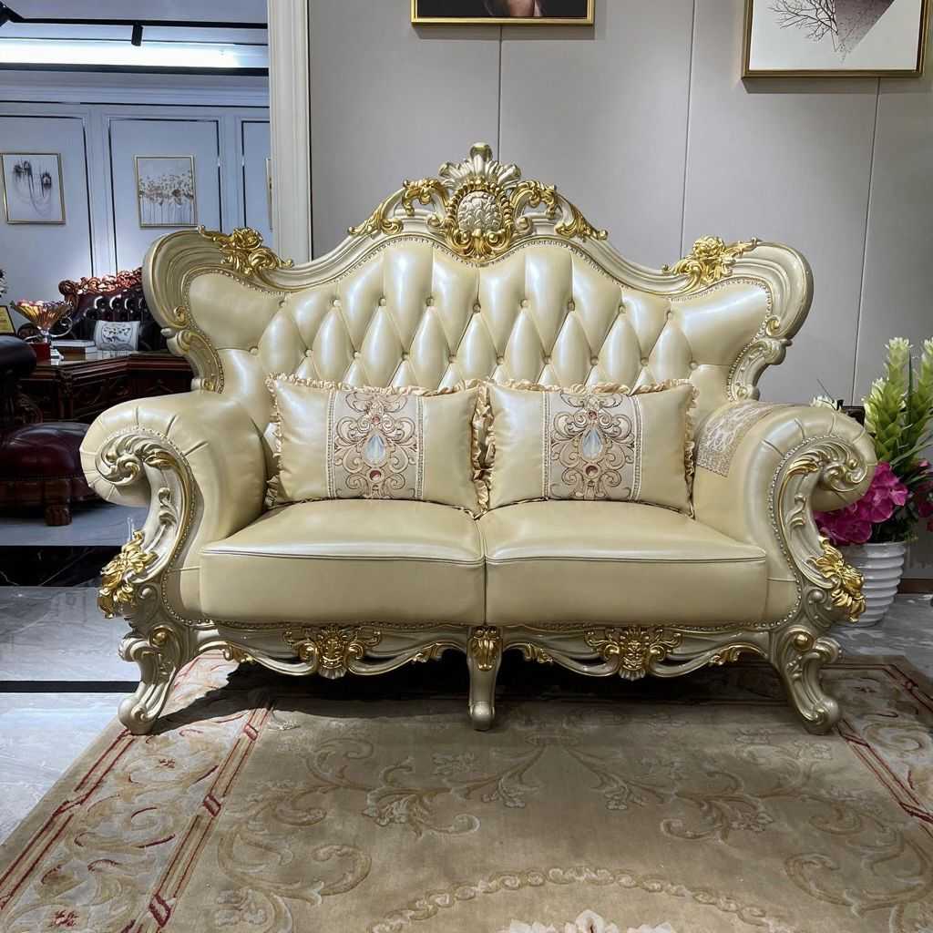 Luxury Italian Royal Sofa Set with Hand-Carved Gold Accents – Premium Leather Upholstery and Elegant Baroque Design for High-End Living Rooms