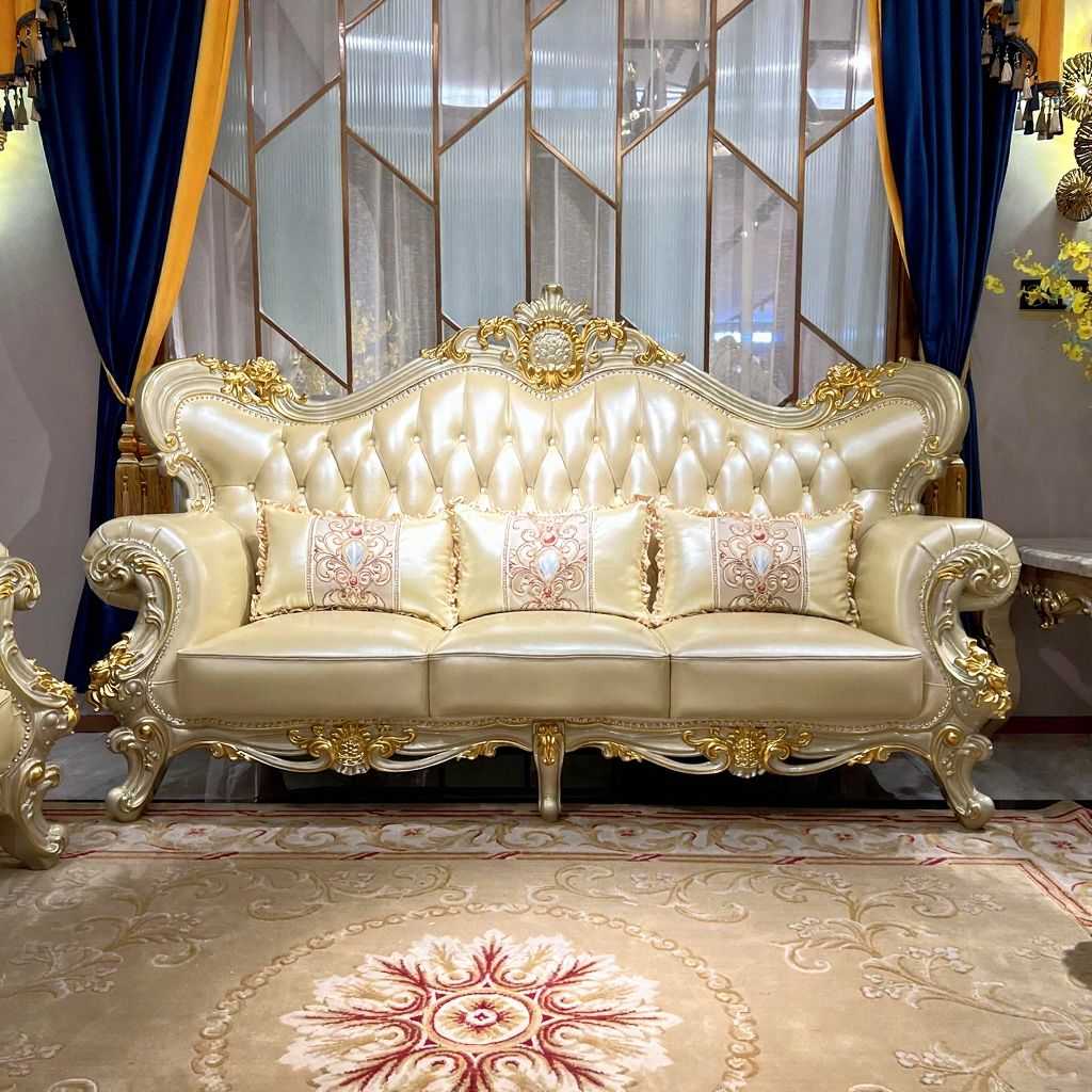 Luxury Italian Royal Sofa Set with Hand-Carved Gold Accents – Premium Leather Upholstery and Elegant Baroque Design for High-End Living Rooms