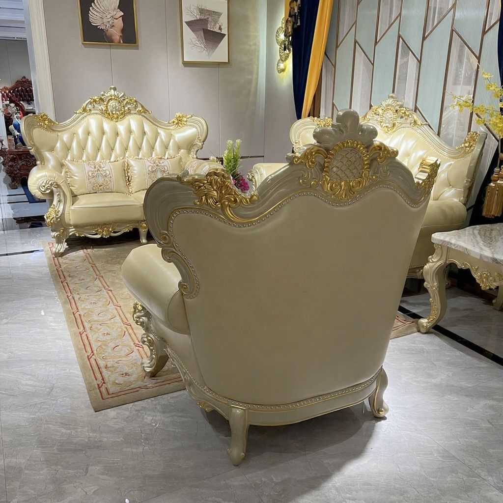 Luxury Italian Royal Sofa Set with Hand-Carved Gold Accents – Premium Leather Upholstery and Elegant Baroque Design for High-End Living Rooms