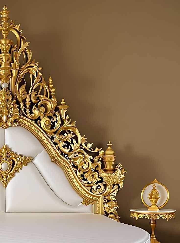 Luxury Round Bed with Gold Ornate Frame and White Upholstery – Elegant Baroque Design for Royal Bedrooms