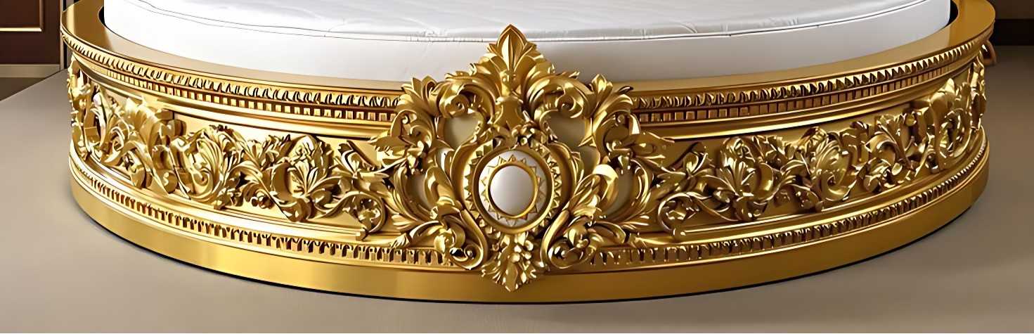 Luxury Round Bed with Gold Ornate Frame and White Upholstery – Elegant Baroque Design for Royal Bedrooms