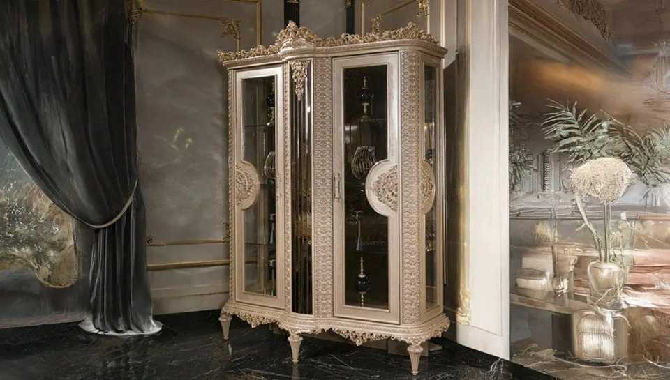 Luxury Victorian-Baroque Fusion Dining Set Featuring Sculpted Gold Ornamentation Handcrafted Buffet Console With Mirrored Trims And Royal Glass Vitrine