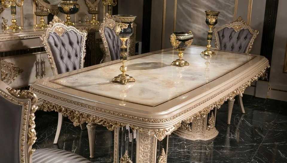 Luxury Victorian-Baroque Fusion Dining Set Featuring Sculpted Gold Ornamentation Handcrafted Buffet Console With Mirrored Trims And Royal Glass Vitrine