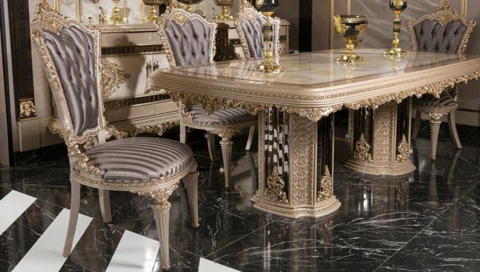 Luxury Victorian-Baroque Fusion Dining Set Featuring Sculpted Gold Ornamentation Handcrafted Buffet Console With Mirrored Trims And Royal Glass Vitrine
