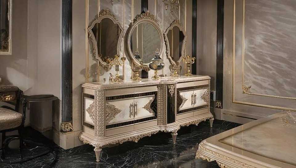 Luxury Victorian-Baroque Fusion Dining Set Featuring Sculpted Gold Ornamentation Handcrafted Buffet Console With Mirrored Trims And Royal Glass Vitrine