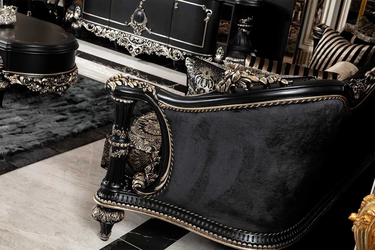 Matte Black Luxury Sofa Collection with Hand-Engraved Silver Details – A Perfect Blend of Modern Design and Classic Craftsmanship