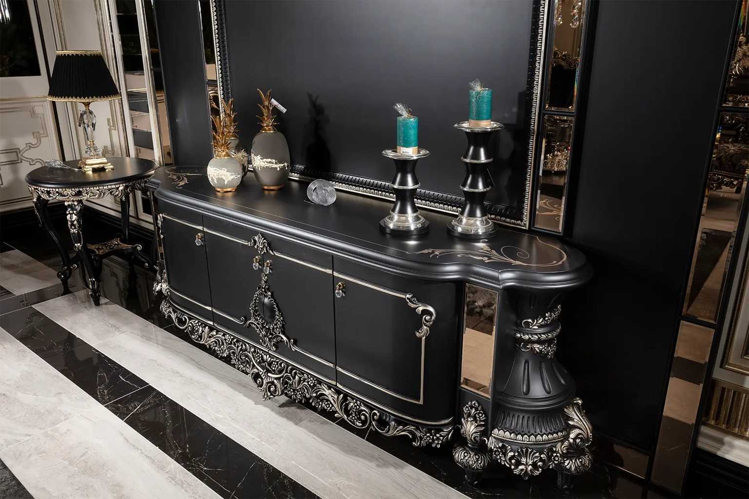 Matte Black Luxury Sofa Collection with Hand-Engraved Silver Details – A Perfect Blend of Modern Design and Classic Craftsmanship