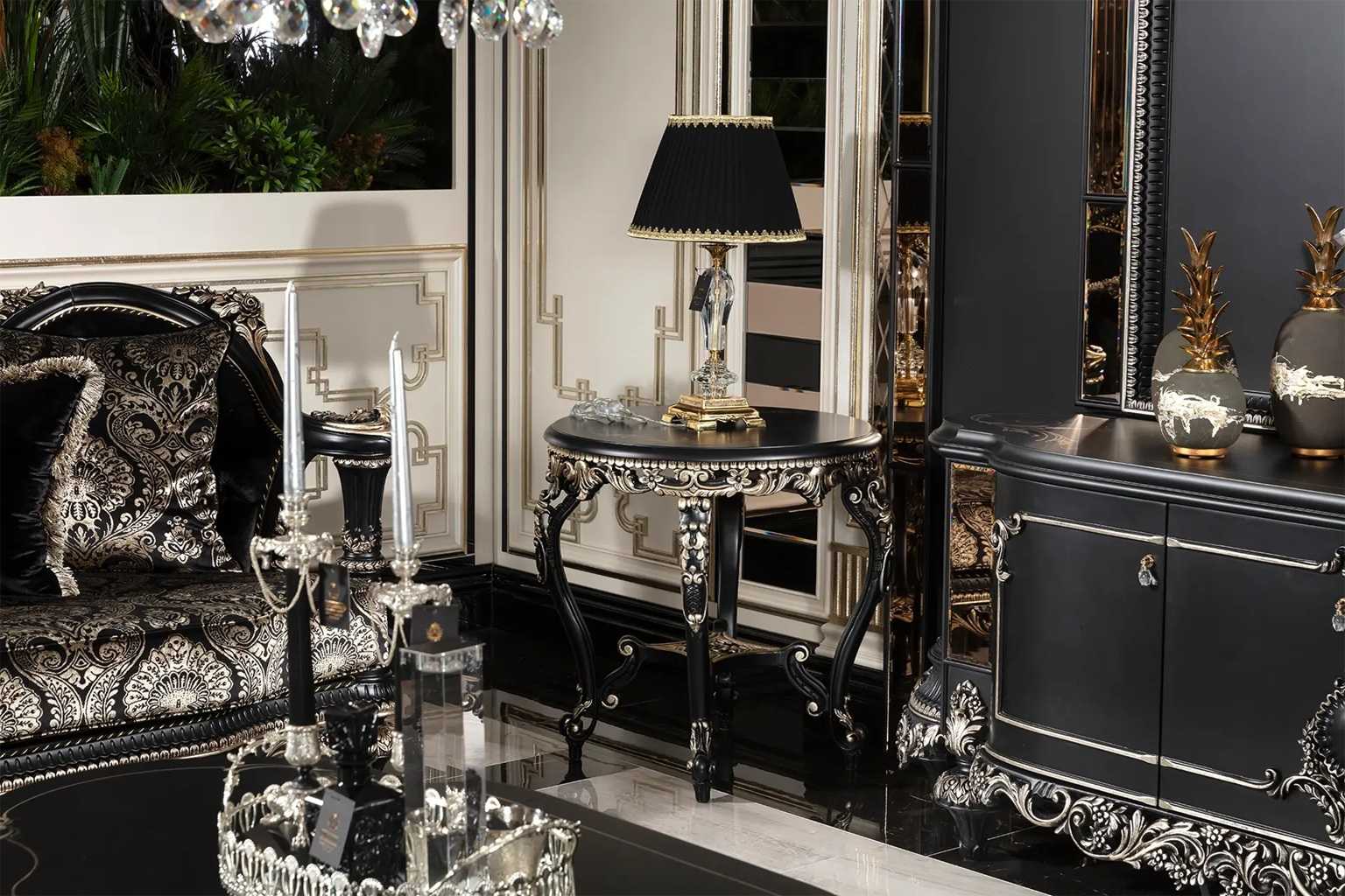 Matte Black Luxury Sofa Collection with Hand-Engraved Silver Details – A Perfect Blend of Modern Design and Classic Craftsmanship