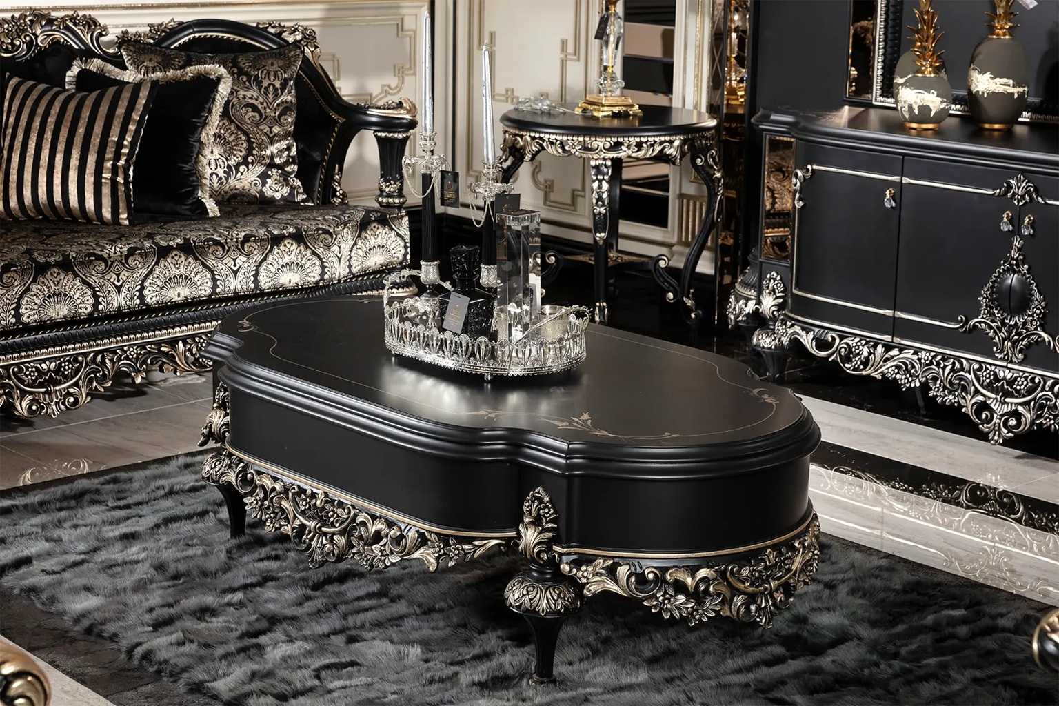 Matte Black Luxury Sofa Collection with Hand-Engraved Silver Details – A Perfect Blend of Modern Design and Classic Craftsmanship