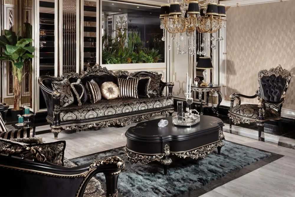 Matte Black Luxury Sofa Collection with Hand-Engraved Silver Details – A Perfect Blend of Modern Design and Classic Craftsmanship