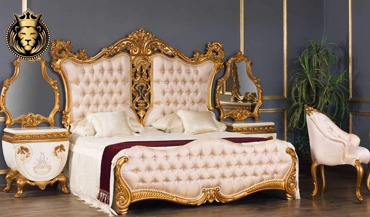Luxury Bed Set- Wood Carving Classic Italian Design in Gold Leaf Gilding Finish - Hand Carved By Brand Royalzig Luxury Furniture