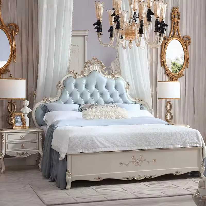 New Noble Solid Teak Wood French Style Retro Painted King Size Bed