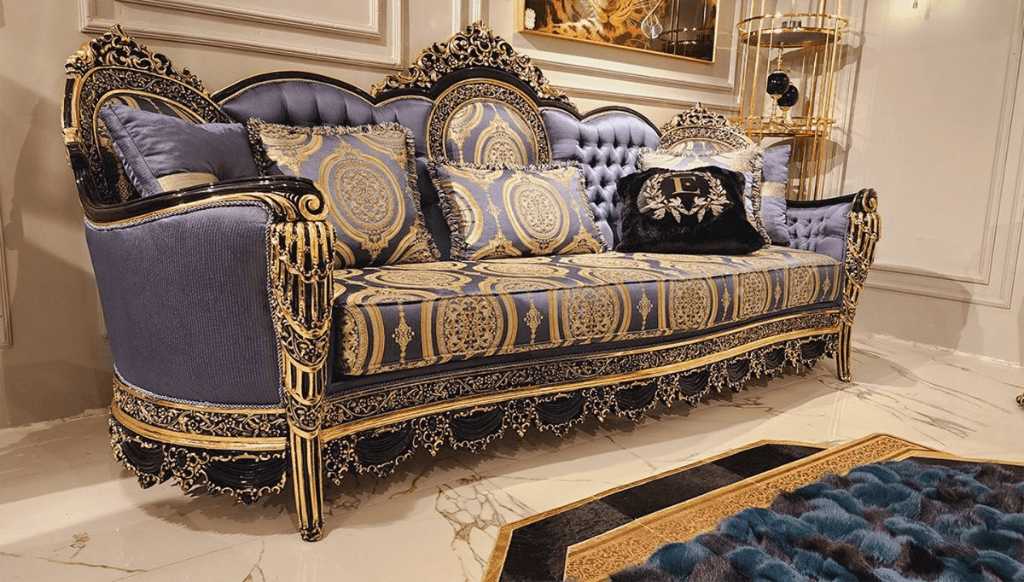 Romanian Style Blue & Gold Carved Sofa Set 