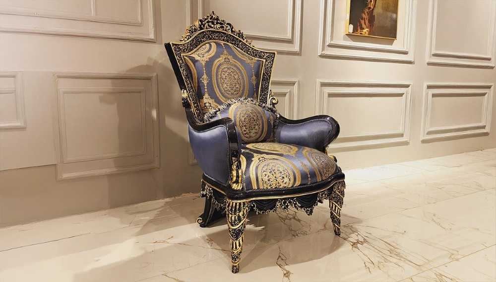 Romanian Style Blue & Gold Carved Sofa Set 