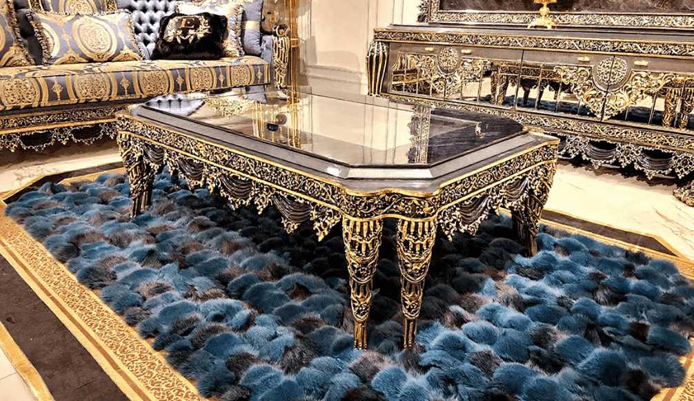 Romanian Style Blue & Gold Carved Sofa Set 
