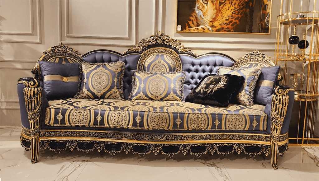 Romanian Style Blue & Gold Carved Sofa Set 