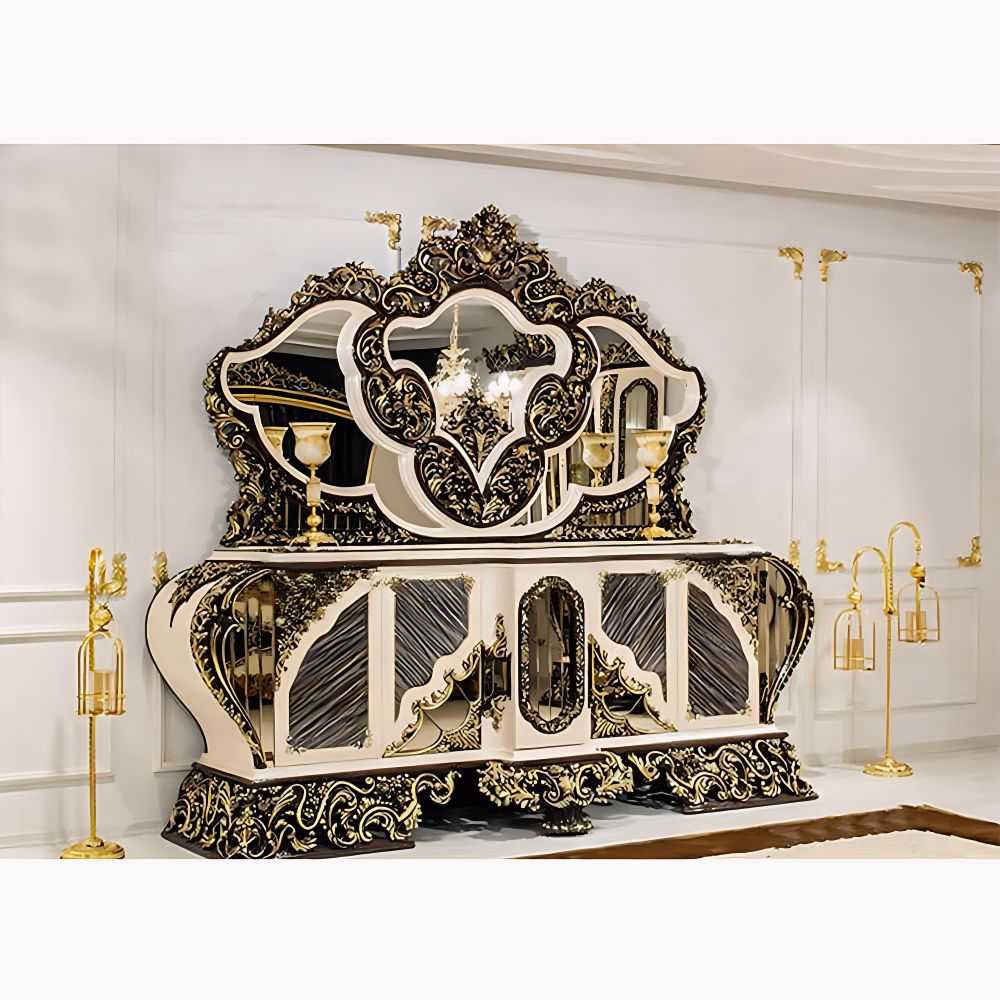 Royal Black and Cream Baroque Console and Gilded Mirror Set – Luxurious Handcrafted European Decor 