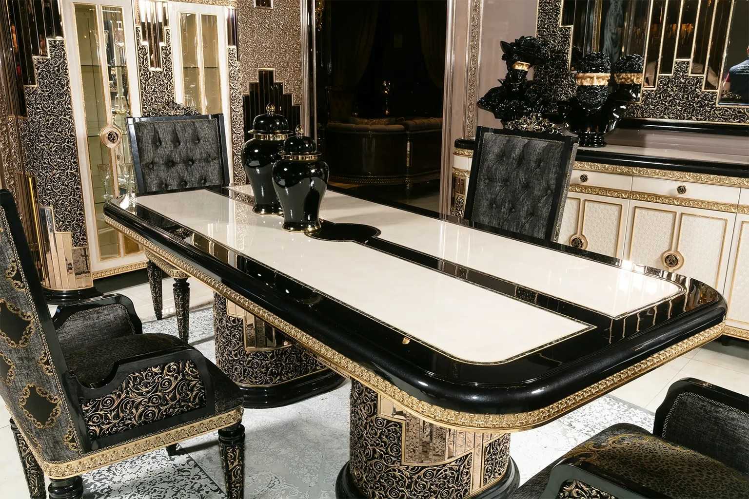 Royal Collection Black And  Gold Dining Set – Lavishly Carved 6-Seater Table with Gold Inlays, Mirror Finish, and Designer Tufted Chairs
