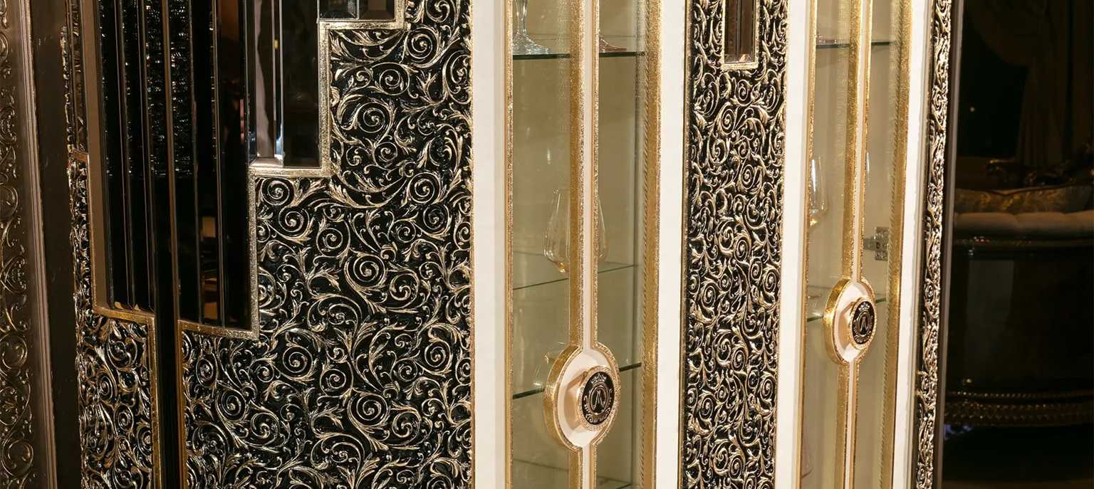 Royal Collection Black And  Gold Dining Set – Lavishly Carved 6-Seater Table with Gold Inlays, Mirror Finish, and Designer Tufted Chairs