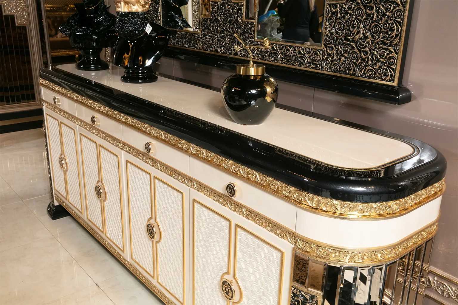 Royal Collection Black And  Gold Dining Set – Lavishly Carved 6-Seater Table with Gold Inlays, Mirror Finish, and Designer Tufted Chairs