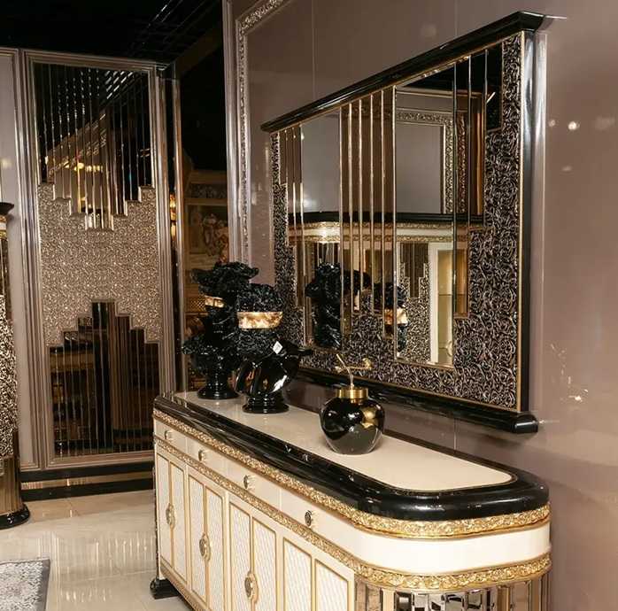 Royal Collection Black And  Gold Dining Set – Lavishly Carved 6-Seater Table with Gold Inlays, Mirror Finish, and Designer Tufted Chairs