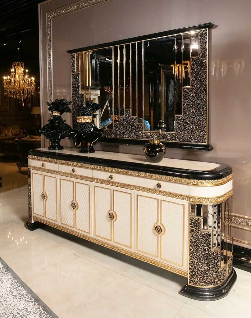 Royal Collection Black And  Gold Dining Set – Lavishly Carved 6-Seater Table with Gold Inlays, Mirror Finish, and Designer Tufted Chairs