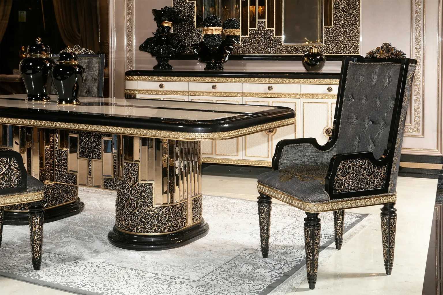 Royal Collection Black And  Gold Dining Set – Lavishly Carved 6-Seater Table with Gold Inlays, Mirror Finish, and Designer Tufted Chairs