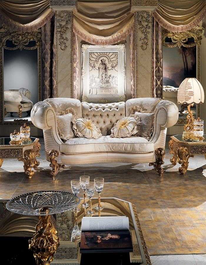 Royal European Luxury Sofa Set – Handcrafted Solid Wood Frame, Sofa with High Tufted Back, Intricate Carvings, and Gold Leaf Accents for Majestic Living Spaces