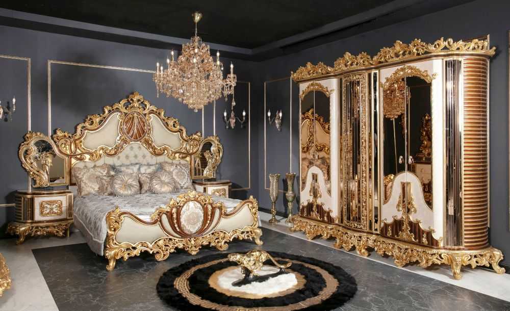 Royal Italian Baroque Bed with Imperial Crest Carvings Opulent Gold Ornamentation And Mastercrafted Classic Upholstery