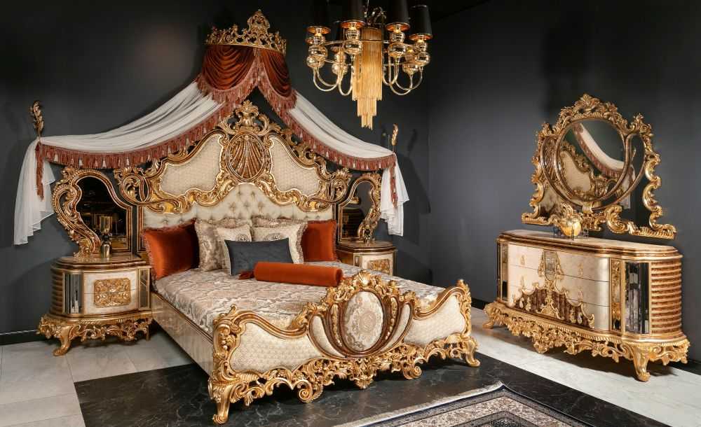 Royal Italian Baroque Bed with Imperial Crest Carvings Opulent Gold Ornamentation And Mastercrafted Classic Upholstery