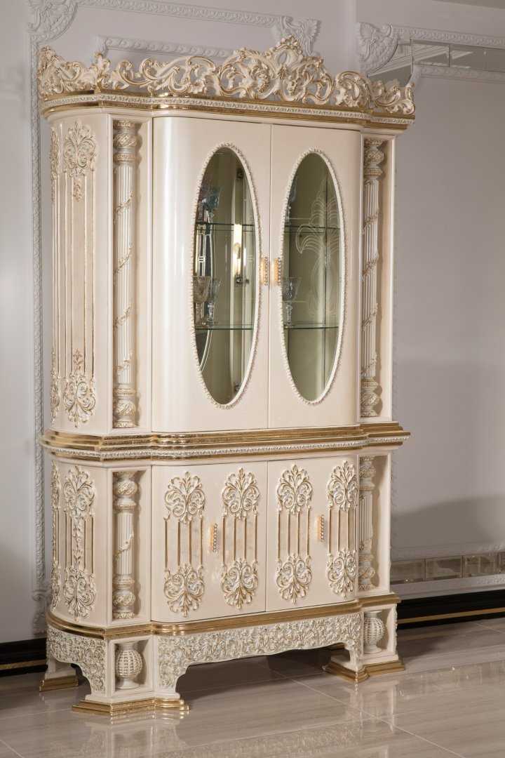 Royal Ivory-Gold Carved Dining Room Set with Ornamental Pedestal Table, Elegant Upholstered Chairs, Grand Buffet Mirror And Decorative Curio Cabinet