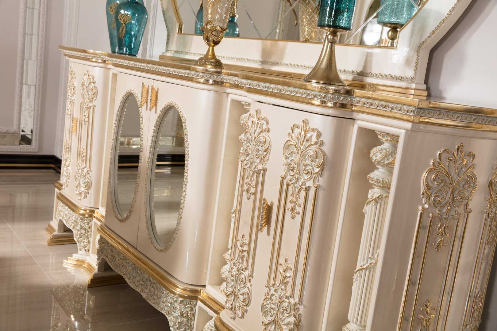 Royal Ivory-Gold Carved Dining Room Set with Ornamental Pedestal Table, Elegant Upholstered Chairs, Grand Buffet Mirror And Decorative Curio Cabinet