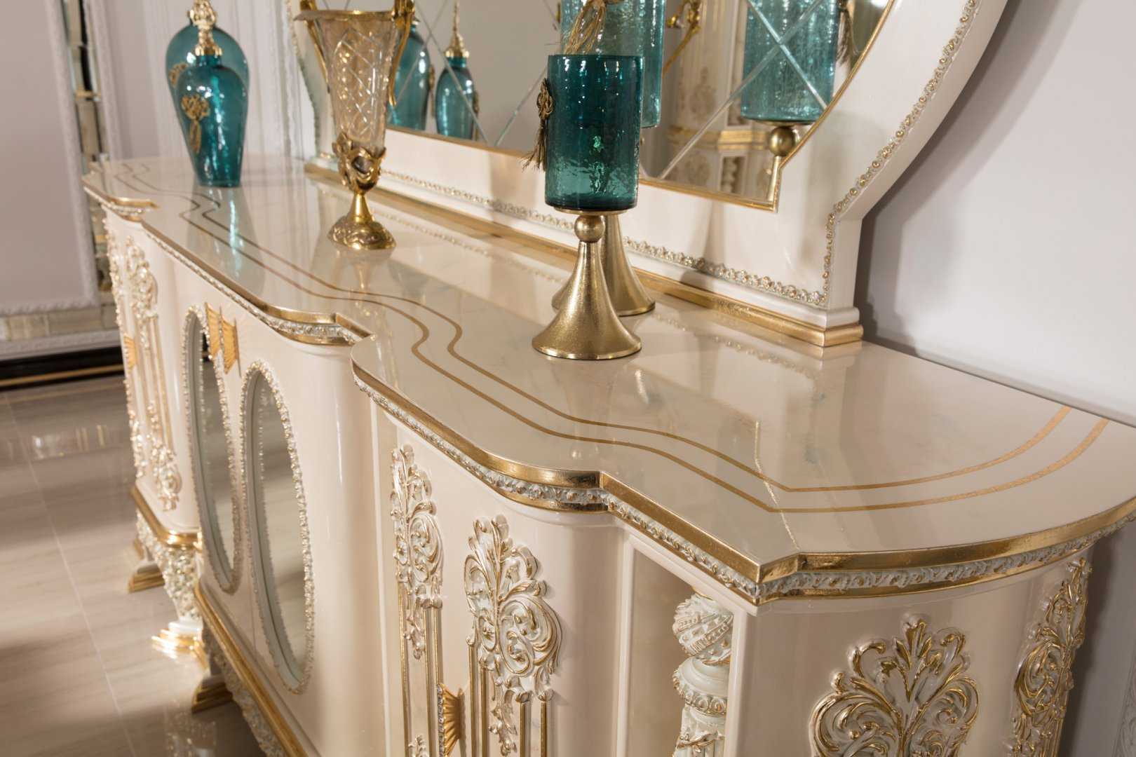 Royal Ivory-Gold Carved Dining Room Set with Ornamental Pedestal Table, Elegant Upholstered Chairs, Grand Buffet Mirror And Decorative Curio Cabinet