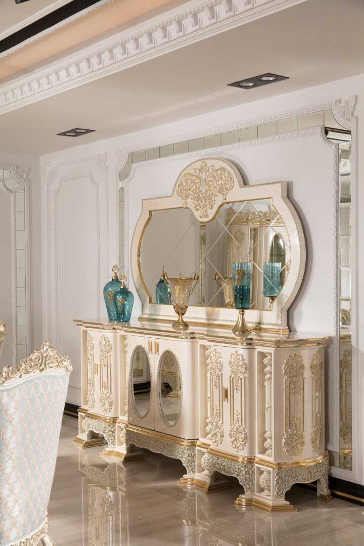 Royal Ivory-Gold Carved Dining Room Set with Ornamental Pedestal Table, Elegant Upholstered Chairs, Grand Buffet Mirror And Decorative Curio Cabinet