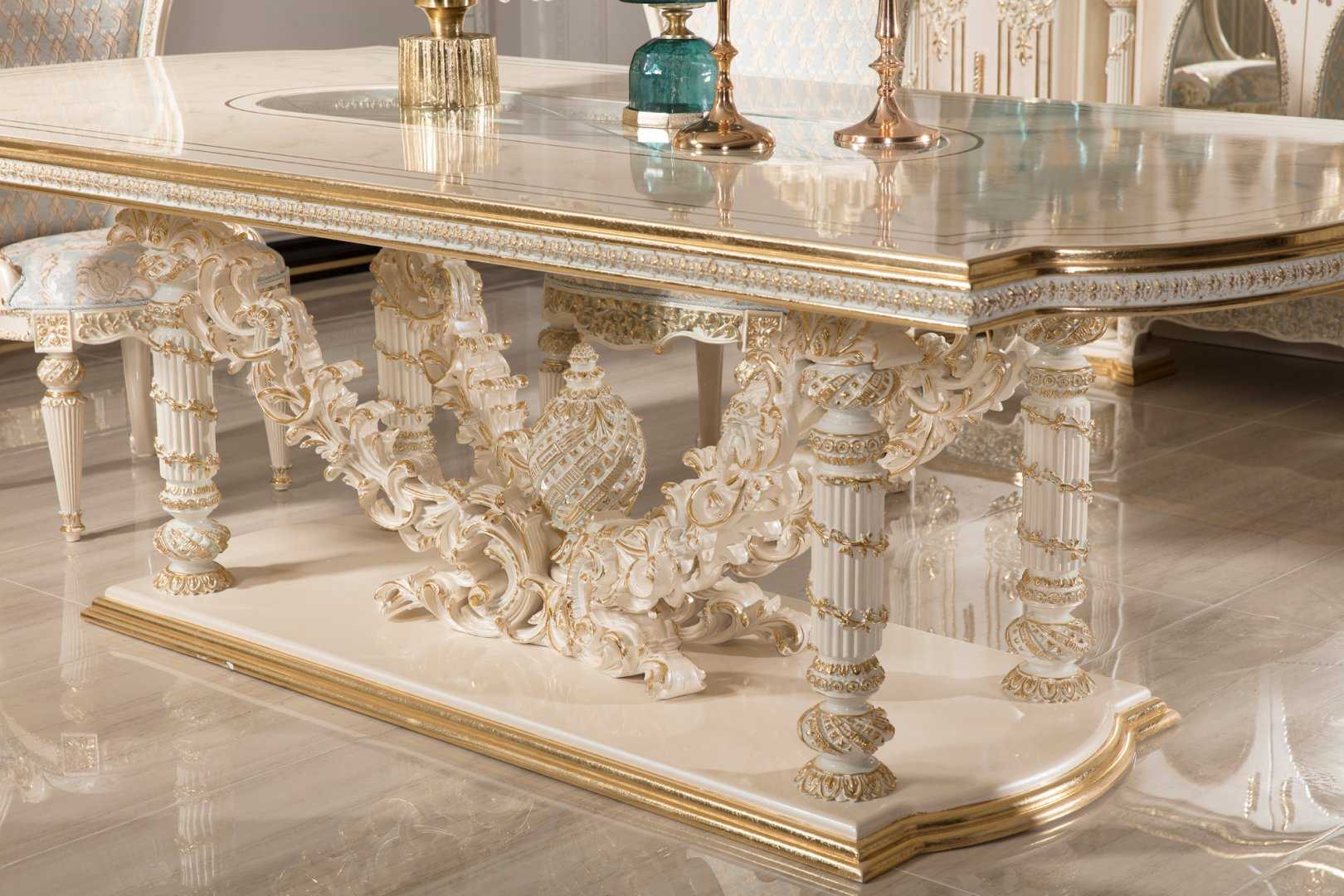Royal Ivory-Gold Carved Dining Room Set with Ornamental Pedestal Table, Elegant Upholstered Chairs, Grand Buffet Mirror And Decorative Curio Cabinet