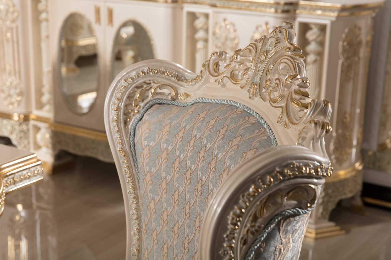Royal Ivory-Gold Carved Dining Room Set with Ornamental Pedestal Table, Elegant Upholstered Chairs, Grand Buffet Mirror And Decorative Curio Cabinet