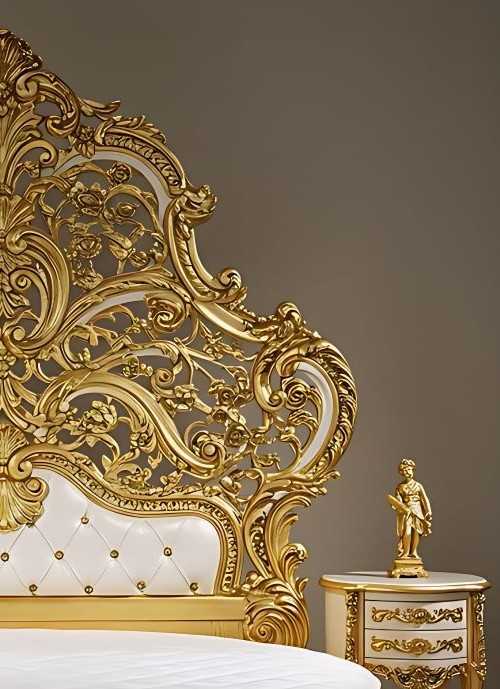 Royal Round Bed with Lavish Full Gold Carvings and Sumptuous White Upholstery – Ornate Baroque Masterpiece for Elite Luxury Interiors