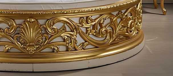 Royal Round Bed with Lavish Full Gold Carvings and Sumptuous White Upholstery – Ornate Baroque Masterpiece for Elite Luxury Interiors