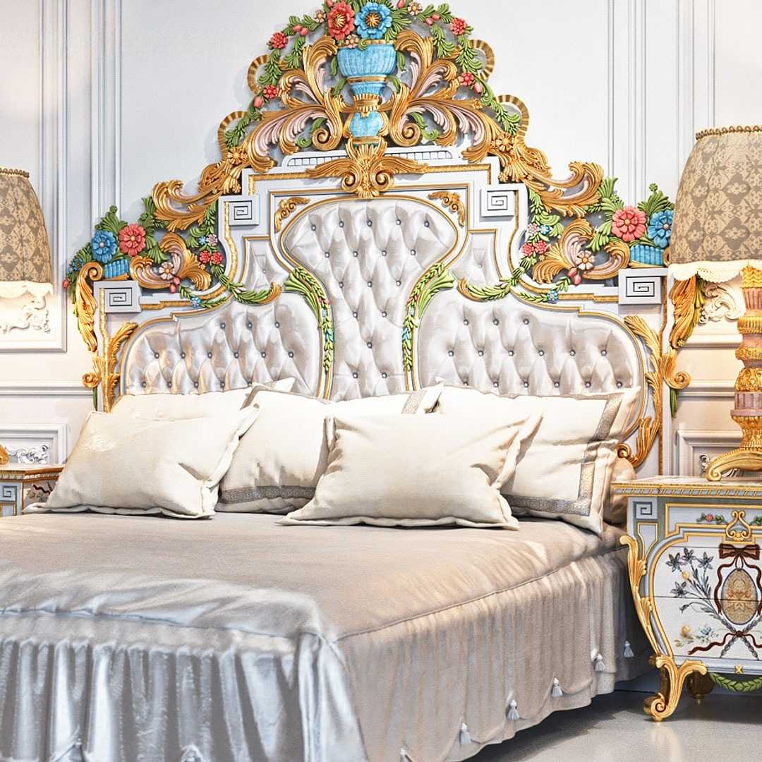 Traditional Hand-Painted Headboard with Heavy Floral Carving – Luxurious Antique Bed Design