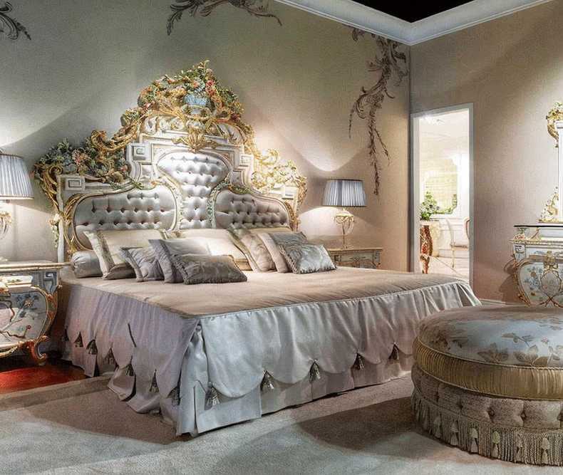 Traditional Hand-Painted Headboard with Heavy Floral Carving – Luxurious Antique Bed Design