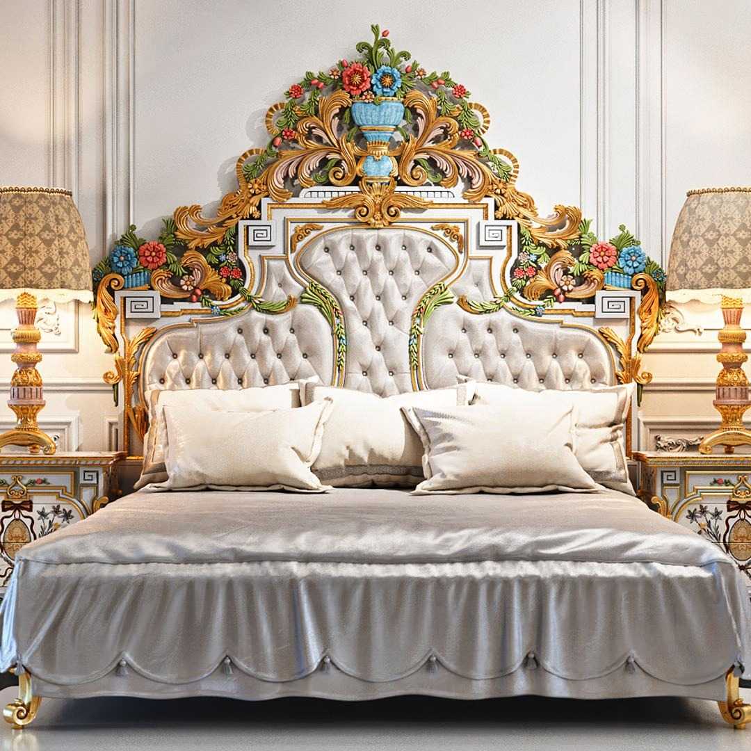 Traditional Hand-Painted Headboard with Heavy Floral Carving – Luxurious Antique Bed Design
