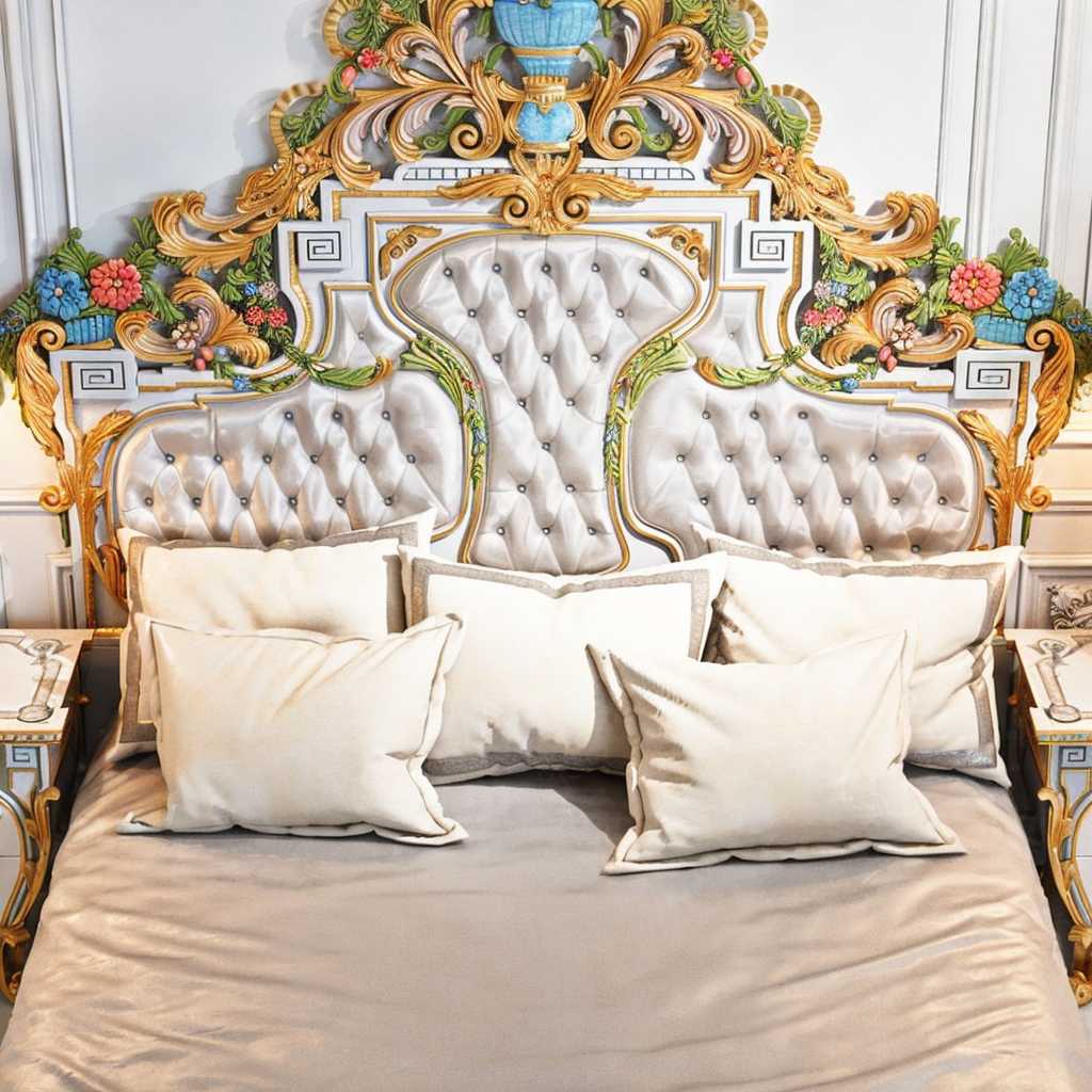 Traditional Hand-Painted Headboard with Heavy Floral Carving – Luxurious Antique Bed Design