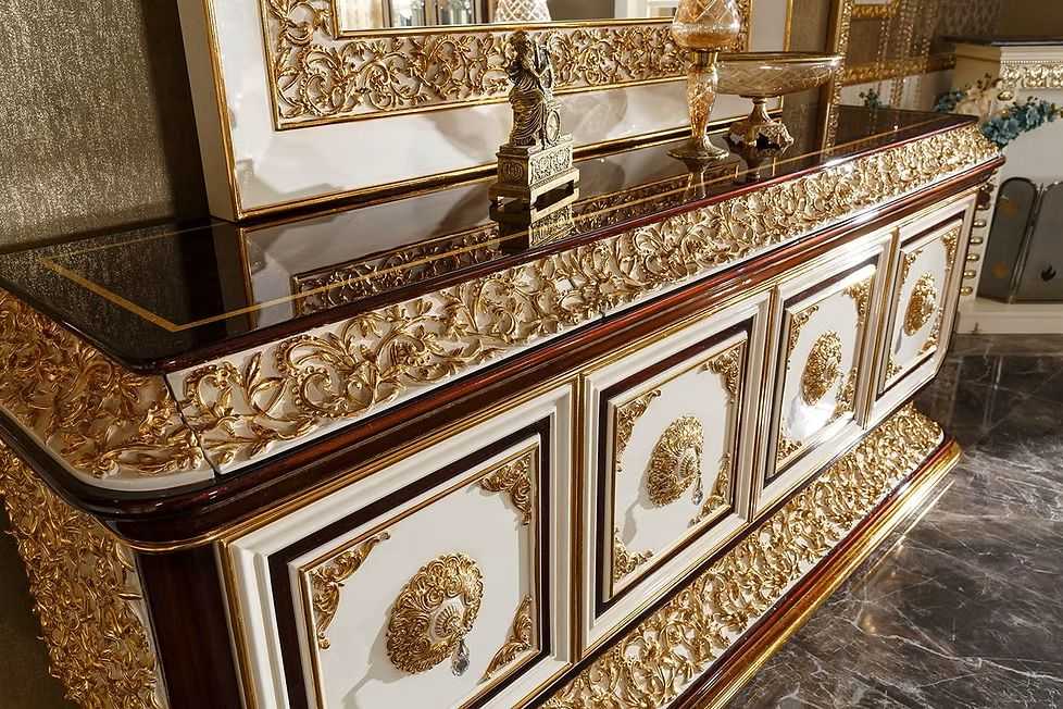 Ultra Luxury Emperor Heritage Dining Ensemble Detailed with Deep Carved European Motifs, Majestic Golden Highlights And Elite Royal Chairs