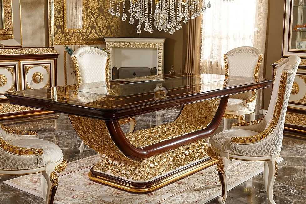 Ultra Luxury Emperor Heritage Dining Ensemble Detailed with Deep Carved European Motifs, Majestic Golden Highlights And Elite Royal Chairs